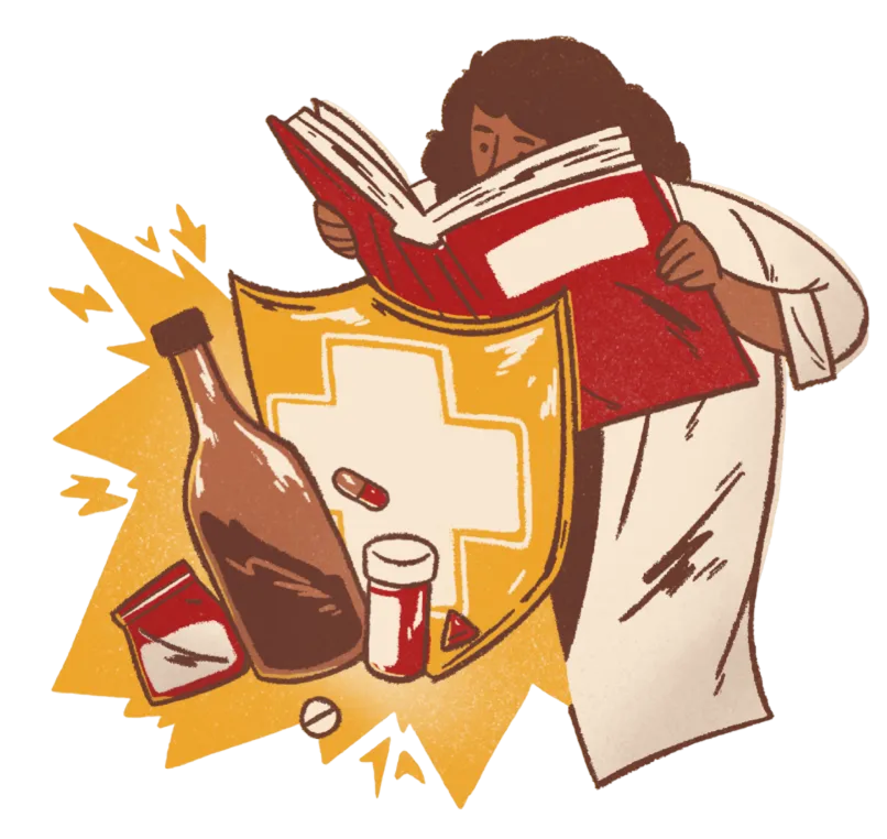 Illustration einer Person, die Informationen zu riskantem Konsum liest